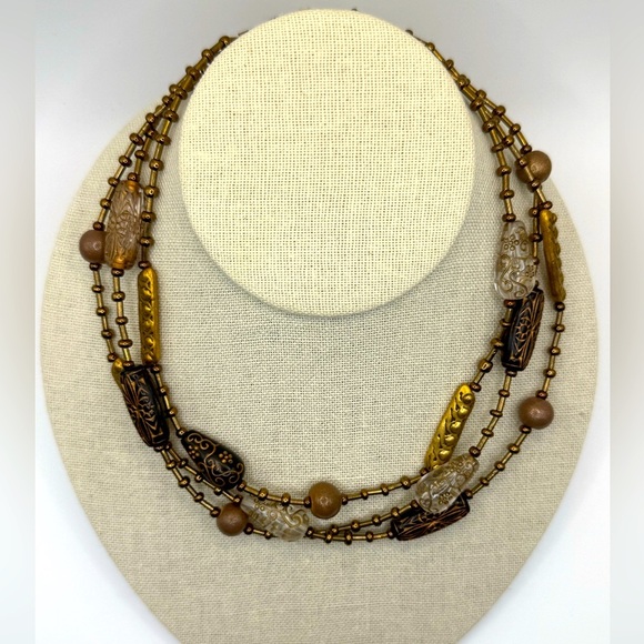 CHICO'S Necklace Multi Strand Layer Gold Tone Brown Clear Metallic Sand Beads - Picture 1 of 5